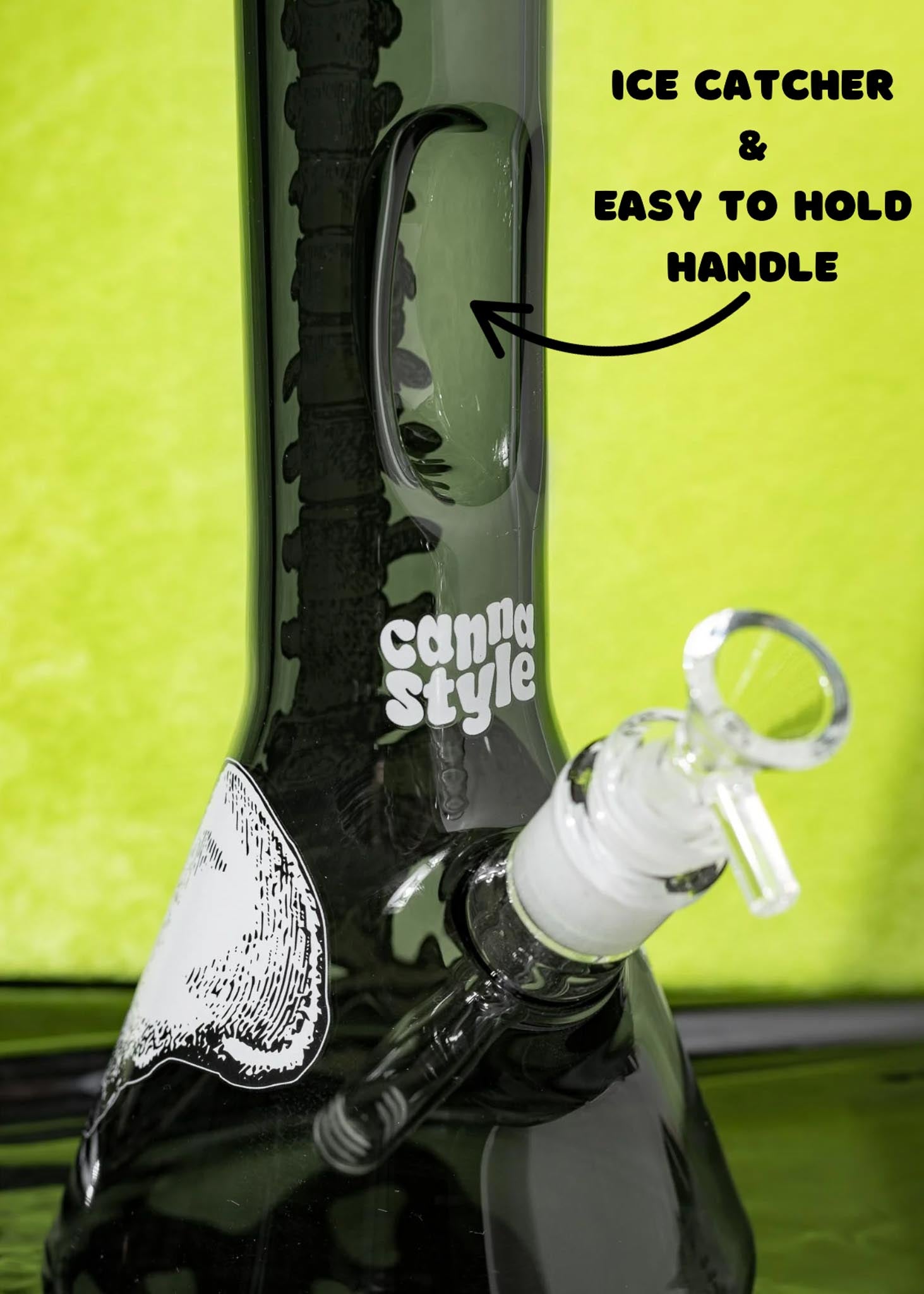 Bong with ice catcher and handle feature, labeled 'Cannab Style', against a green background.